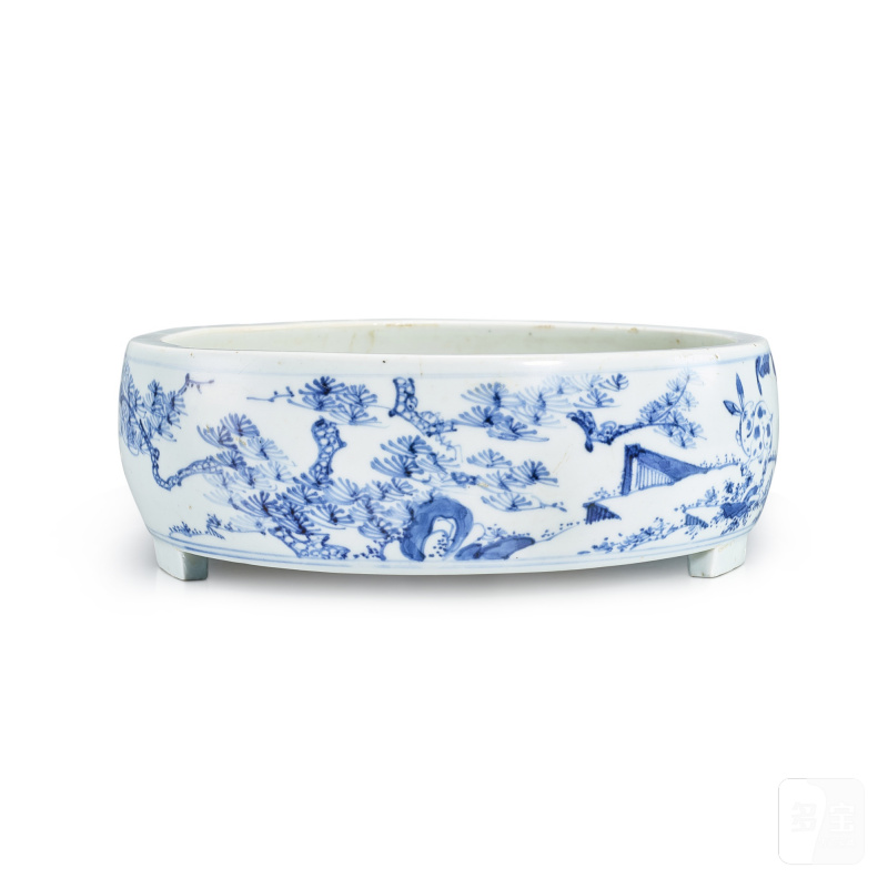 A blue and white 'hare' washer, Qing dynasty, 17th century | 清十七世紀 青花松兔紋洗 《大清年得興製》款